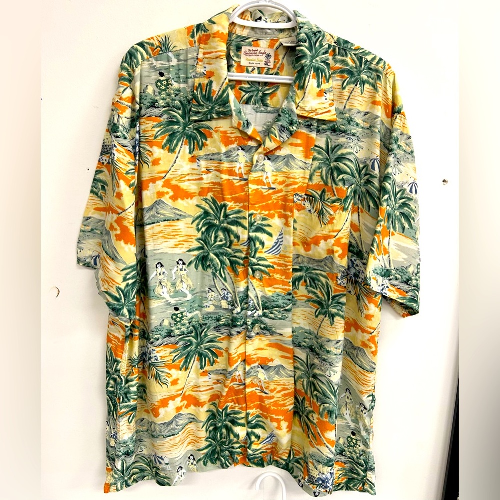 AMERICAN EAGLE HAWAIIEN SHIRT MEN SIZE LARGE WHULS DANCERS AND PALM TREES PATERN